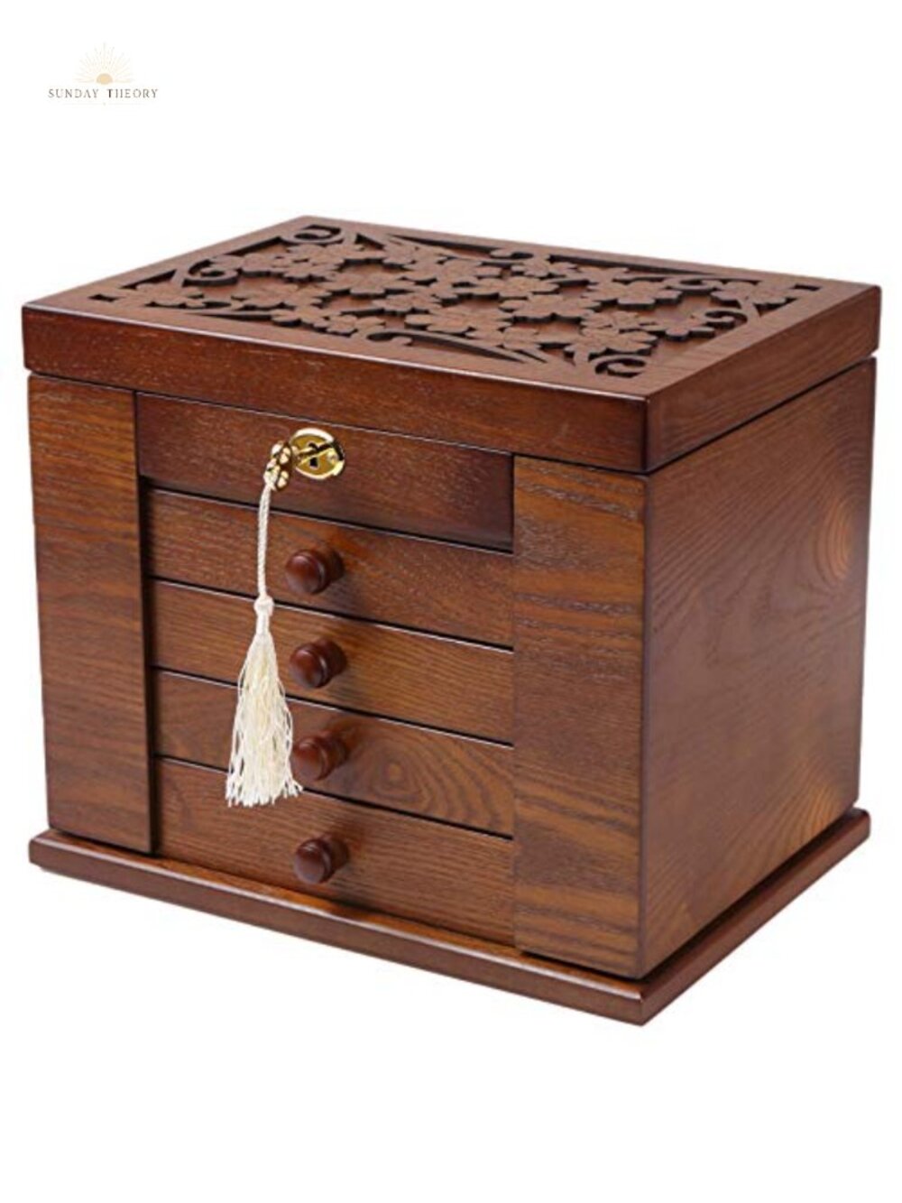 Wooden Jewelry Box Organizer with Lock and Key and Mirror